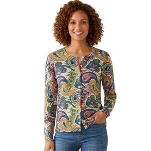 Talbots Charming Cardigan Cotton Blend Paisley Crewneck Size L